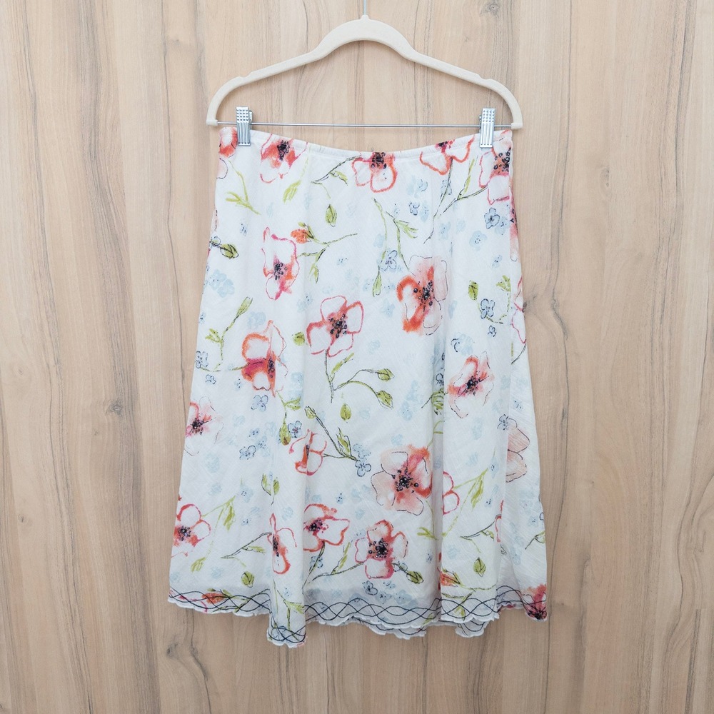 Vintage J. Jill‎ Floral Beaded Skirt Medium White Cotton Cottage Y2K Boho Summer